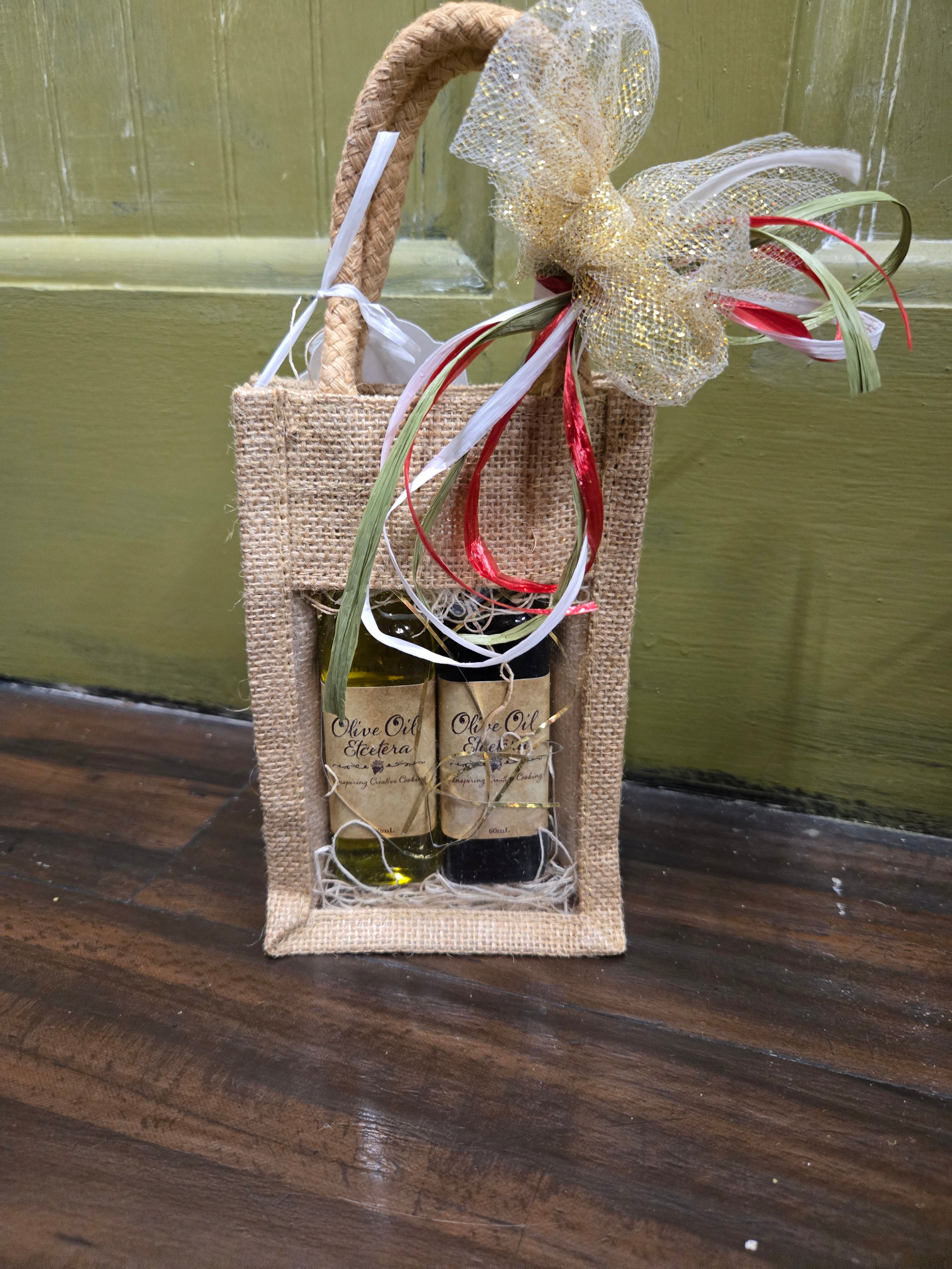 Burlap bag gift with Olive Oil and balsamic vinegar from Olive Oil Etcetera in Doylestown