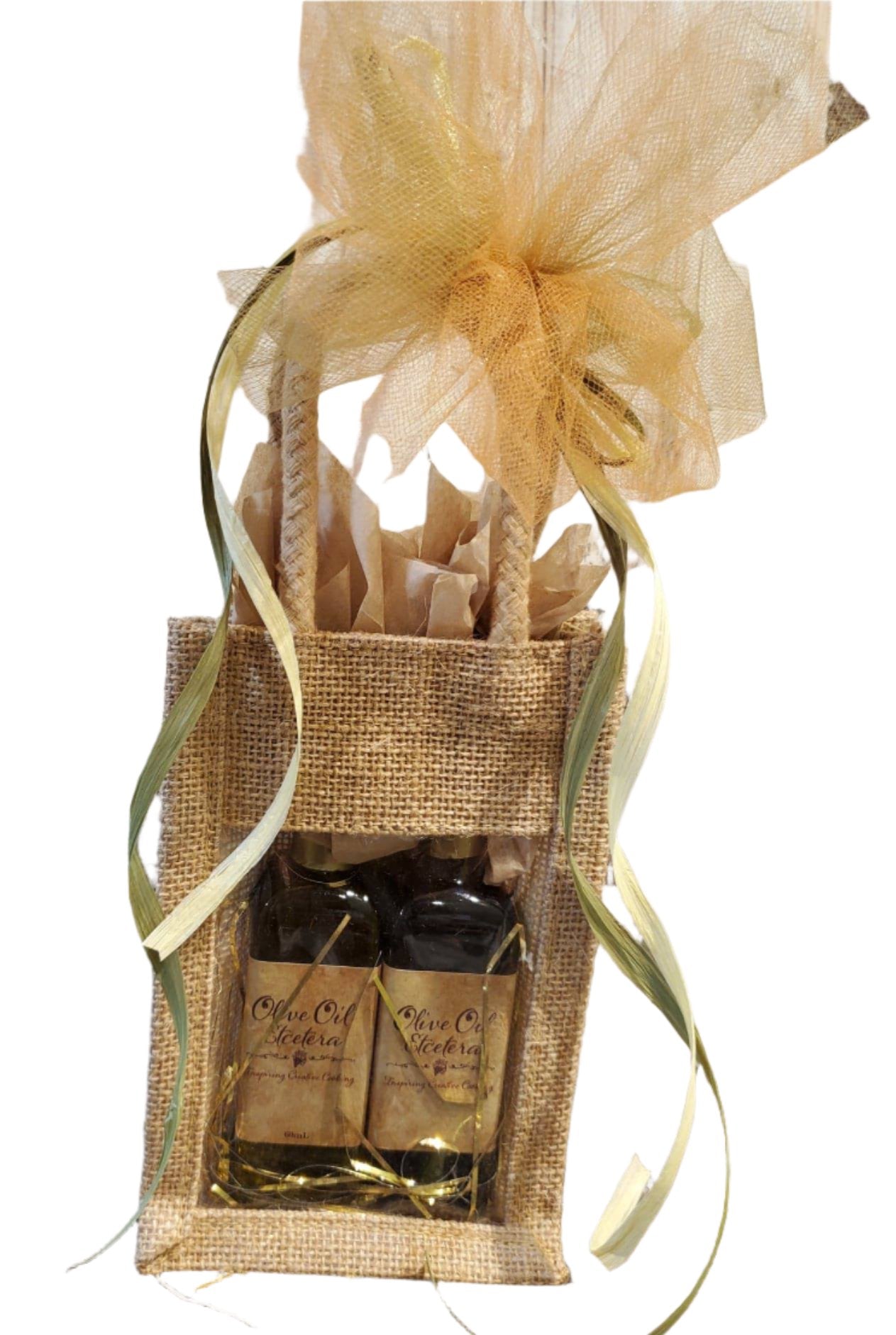 Tan burlap gift bag with 2 60 ml bottles of oil and vinegar